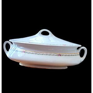 Vintage TST Verona China Covered Oval Serving Dish Gold Trim Pink Roses 12"